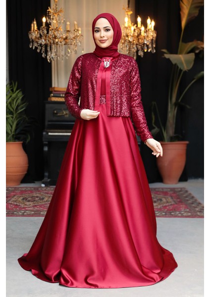 Ceket Detaylı Bordo Tesettür Saten Abiye Elbise 25881BR