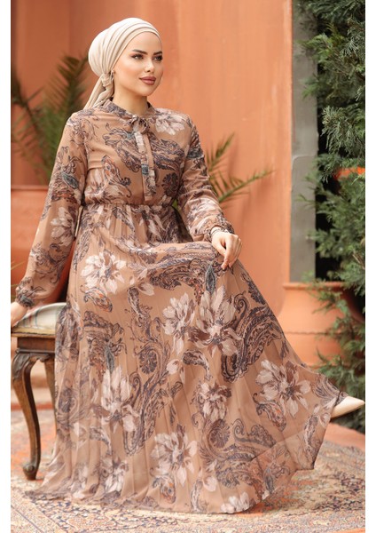 Çiçek Desenli Camel Tesettür Elbise 50355C
