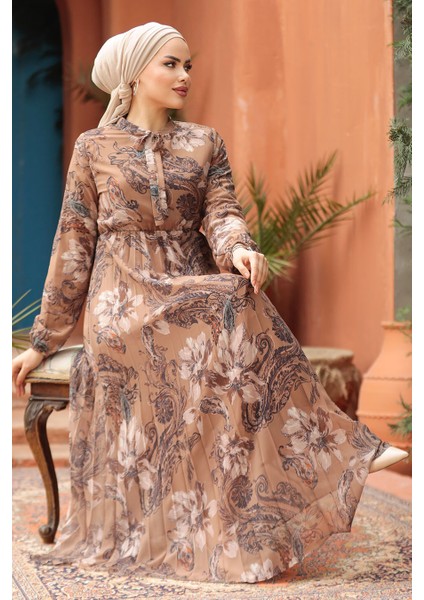 Çiçek Desenli Camel Tesettür Elbise 50355C