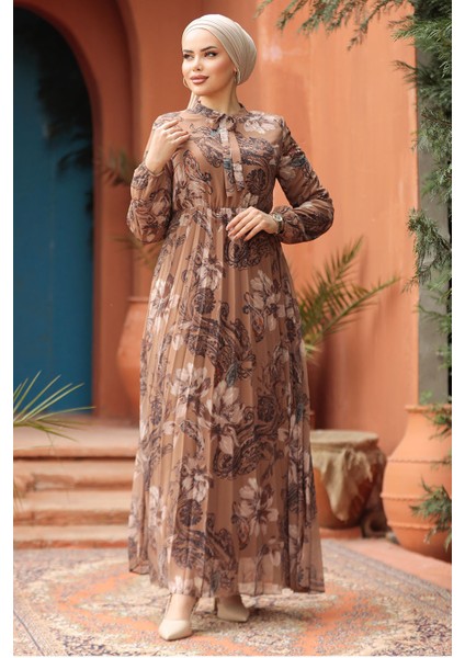 Çiçek Desenli Camel Tesettür Elbise 50355C