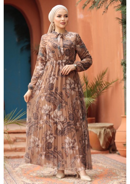 Çiçek Desenli Camel Tesettür Elbise 50355C