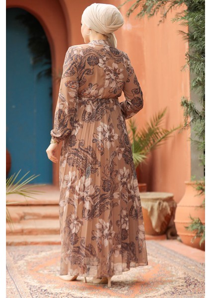 Çiçek Desenli Camel Tesettür Elbise 50355C