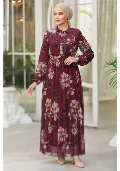 Çiçek Desenli Bordo Tesettür Elbise 50355BR
