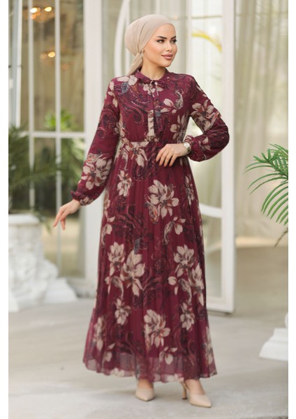 Çiçek Desenli Bordo Tesettür Elbise 50355BR