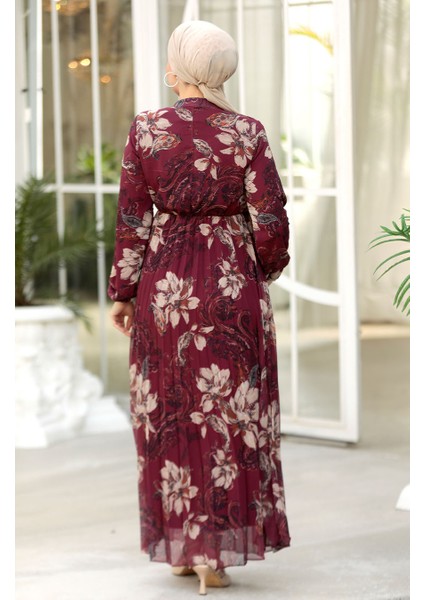 Çiçek Desenli Bordo Tesettür Elbise 50355BR