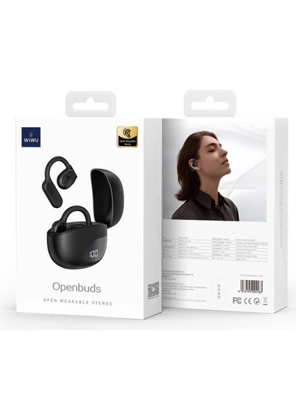 Kulak Içi Bluetooth Kulaklık Dijital Şarj Göstergeli Wiwu T20 Openbuds Tws V5.3 Siyah