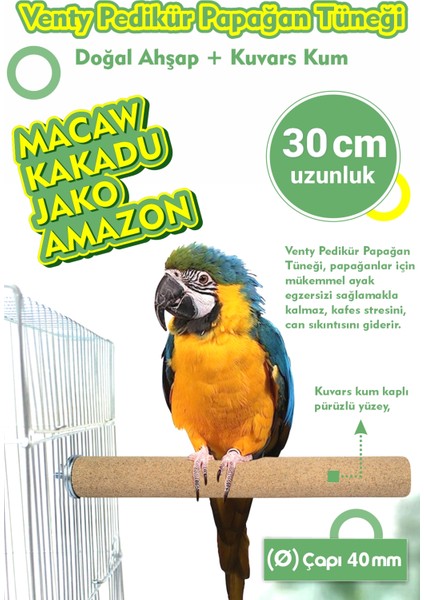 Venty 30 cm (40 Mm) Pedikür Papağan Tüneği Macaw, Kakadu, Jako, Amazon - Kumlu Tünek