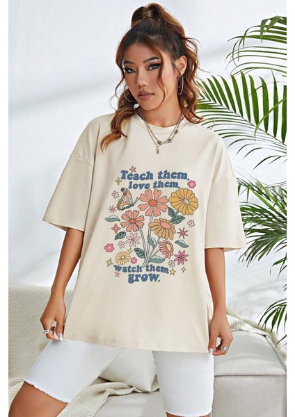 Only Trendwear Unisex Flowers Baskılı Oversize Tshirt
