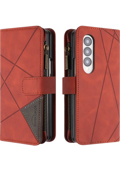 Samsung Galaxy Z Fold3 5g Pu Deri Hattı Baskılı Zipper Cep Kahverengi Telefon Kılıfı (Yurt Dışından)