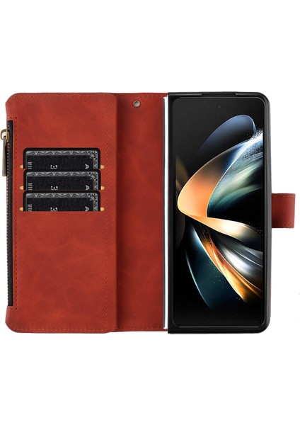 Samsung Galaxy Z Fold3 5g Pu Deri Hattı Baskılı Zipper Cep Kahverengi Telefon Kılıfı (Yurt Dışından)