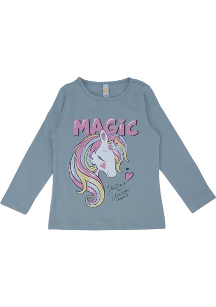 Kız Çocuk Unicorn Baskılı Kalpli Yazılı Sweat Uzun Kol