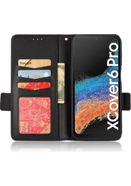 Samsung Galaxy Xcover6 Pro 5g Çizelge Flip Folio Litchi Doku Çift Manyetik Toka Pu Deri Black Telefon Kılıfı (Yurt Dışından)