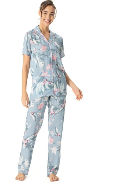 17047 Kadın Mint Boydan Patlı Kısa Kollu Pijama Takımı