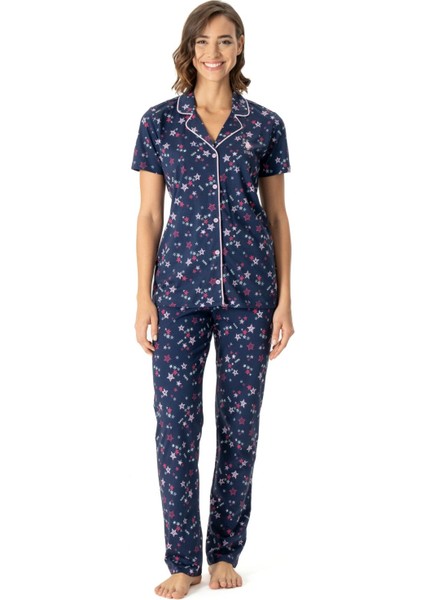 17014 Kadın Lacivert Kısa Kollu Boydan Patlı Pijama Takımı