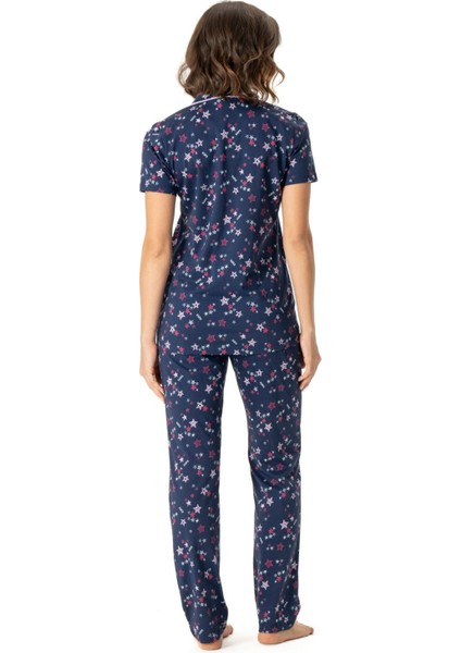 17014 Kadın Lacivert Kısa Kollu Boydan Patlı Pijama Takımı modelleri