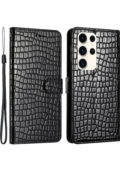 Samsung Galaxy S23 Ultra Timsah Doku Katlanabilir Deri El Black Telefon Kılıfı (Yurt Dışından)