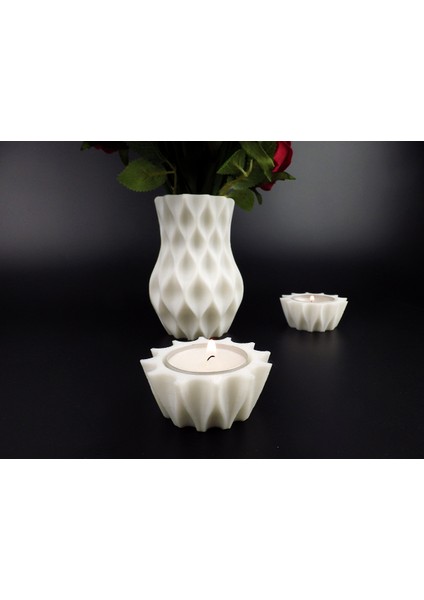 Beyaz Dekoratif Vazo ve Tealight Mumluk 3'lü Dekorasyon Seti