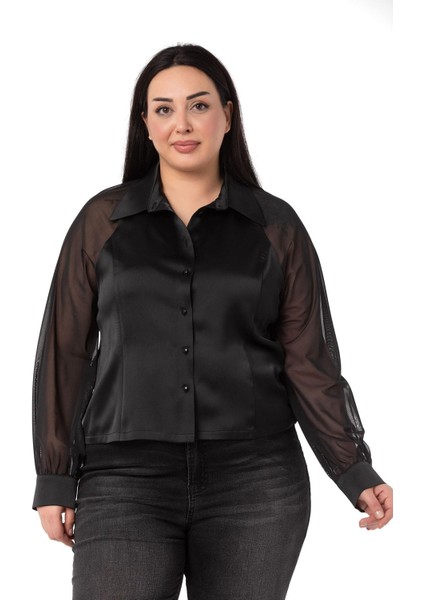 Büyük Beden Kolu Tül Garnili Manşetli Saten Siyah Gömlek