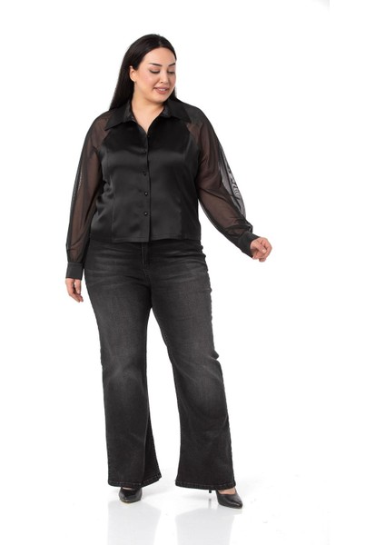 Büyük Beden Kolu Tül Garnili Manşetli Saten Siyah Gömlek fiyatları