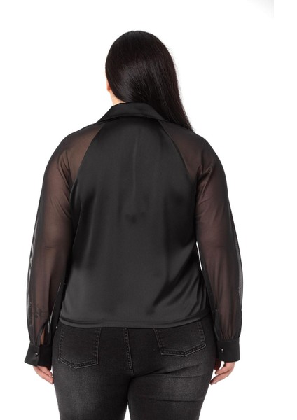 Büyük Beden Kolu Tül Garnili Manşetli Saten Siyah Gömlek modelleri