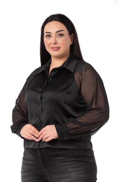 Büyük Beden Kolu Tül Garnili Manşetli Saten Siyah Gömlek fırsatları