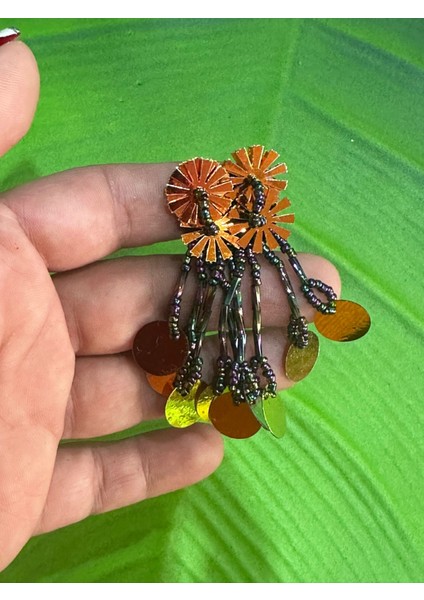 7x3 cm Broz Pul Payetli Çiçekli Püsküllü Arma Dikiş Giyim Çanta Aksesuarı