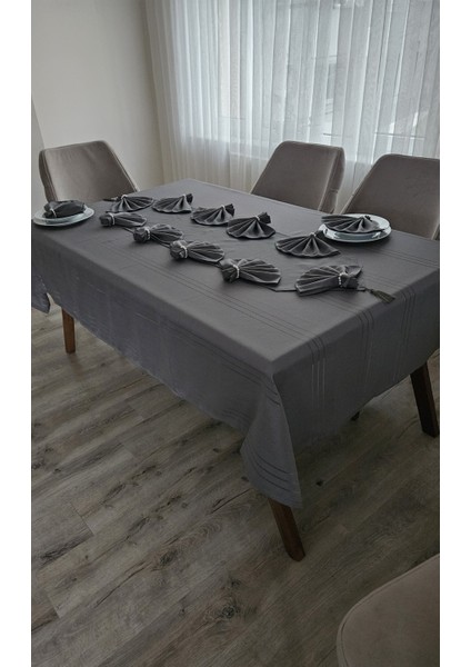 Zesa Home Colber Çizgi Detaylı Masa Örtüsü Füme 12 Kişilik 26 Parça - Masa 160X220...160X400