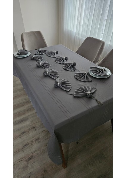 Zesa Home Colber Çizgi Detaylı Masa Örtüsü Füme 12 Kişilik 26 Parça - Masa 160X220...160X400