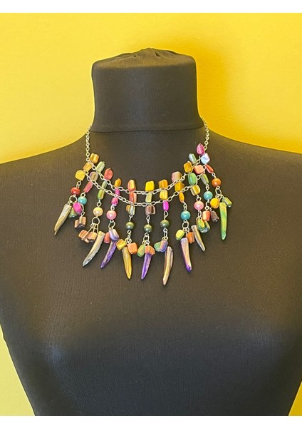 Boy 13 cm Doğal Taşlı Püsküllü Renkli Kadın Kolye