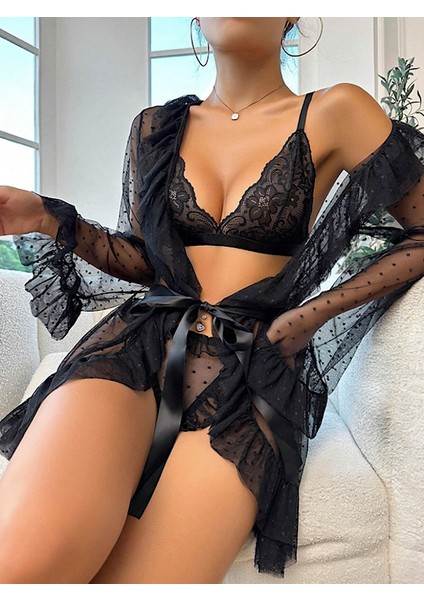 My Cherie Puantiye Fırfırlı Tüllü Dantel Kimono Külot Sütyen Takım Gecelik 