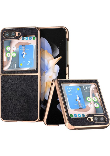 Samsung Galaxy Z Flip5 5g Pu Deri+Pc Litchi Doku Nano Black Telefon Kılıfı (Yurt Dışından)