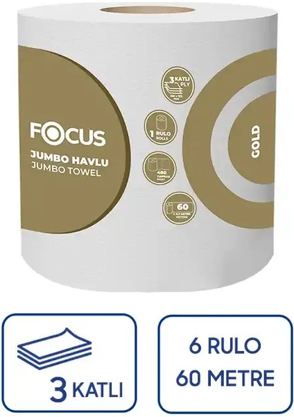 Gold Jumbo Kağıt Havlu 6 Rulo x 60 Metre 3 Katlı