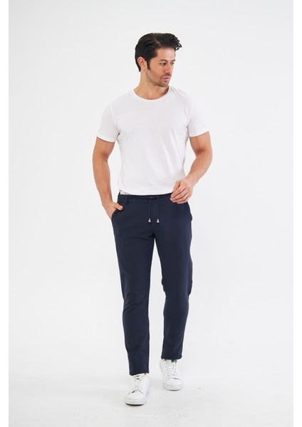 Yazlık Slim Fit Pamuklu Yarım Lastikli Açık Lacivert Erkek Pantolon - Rahatlıkta Şıklık - Daniel Voi