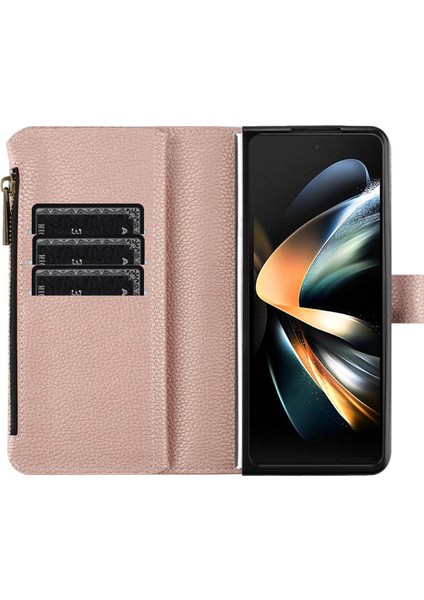 Samsung Galaxy Z Fold5 5g Pu Deri Litchi Doku Fermuarı Cep Çizgisi Altın Telefon Kılıfı (Yurt Dışından)