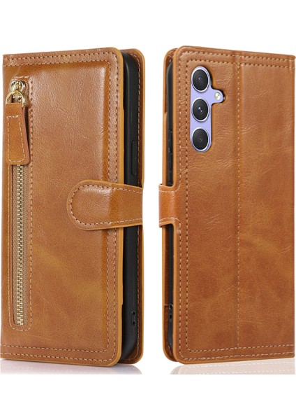 Samsung Galaxy S23 Fe sı Slim Fit Pu Deri Fermuar Cep Flip Kahverengi Telefon Kılıfı (Yurt Dışından)