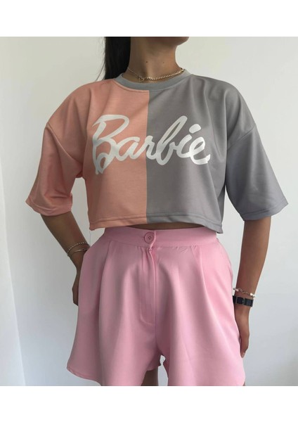 Barbie Baskılı Oversize (Geniş Kesim) Crop T-Shirt