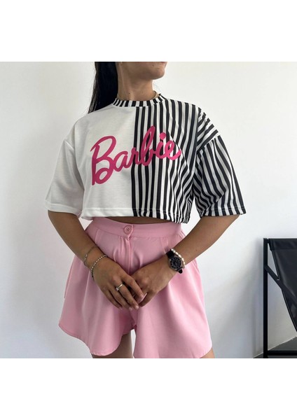Barbie Baskılı Oversize (Geniş Kesim) Crop T-Shirt