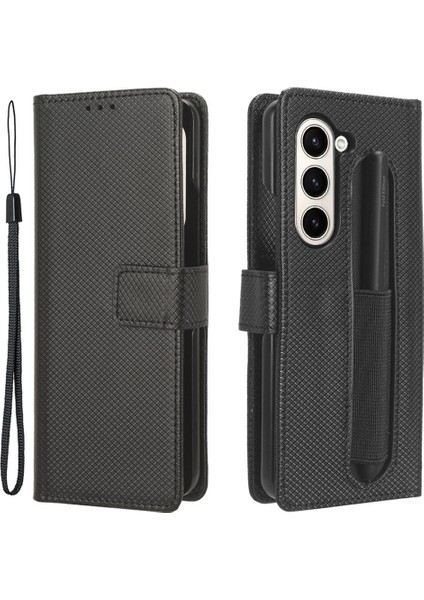 Samsung Galaxy Z FOLD55 5g Elmas Doku ı Kalem Yuvası Black Deri Telefon Kılıfı (Yurt Dışından)