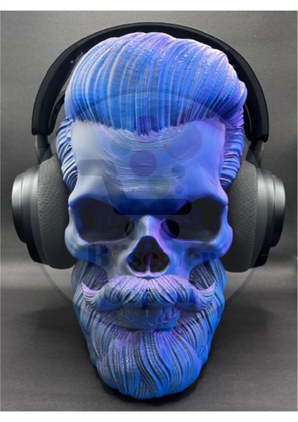 Sakallı Kafatası Kurukafa Kulaklık Stand Figür Aksesuar - 30 cm - Siyah Renk