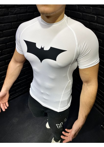 Kısa Kollu Compression T-Shirt Fit Spor Tam Beden Erkek Tişört Beyaz Batman Body