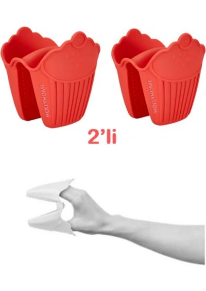 Holly Home 2'li Silikon Cupcake Kırmızı Fırın Eldiveni, Tepsi Tutacağı, Mikrodalga Tutacak, Yanmaz Eldiven