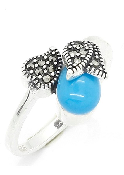 Gümüş 925 Ayar Kadın Yüzük Markazit ve Turkuaz Taşlı Yüzük