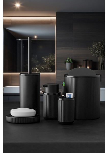 Tekno Trust Siyah 5 Parça Lüx Banyo Seti - Dekoratif Yuvarlak Pratik Kapak Çöp Kovası Diş Fırçalık Sabunluk Fır