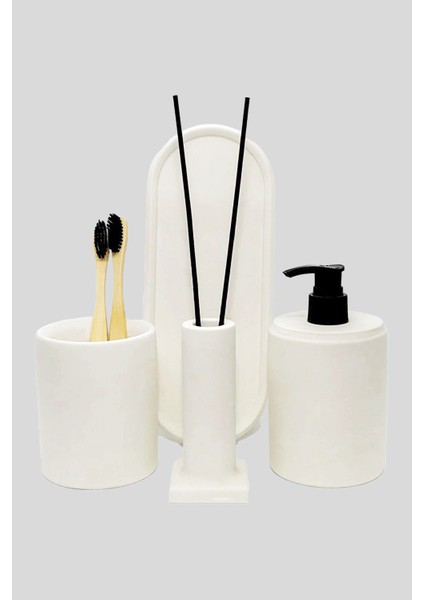 Tekno Trust Beyaz 4'lü Mermer Desenli Banyo Seti Tuvalet Wc Sıvı Sabunluk Diş Fırçalığı Beton Aksesuarları Takı