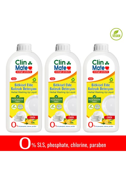 3'lü Set Yeni Clinmate Ekolojik Bitkisel Elde Bulaşık Deterjanı Limon 750 ml