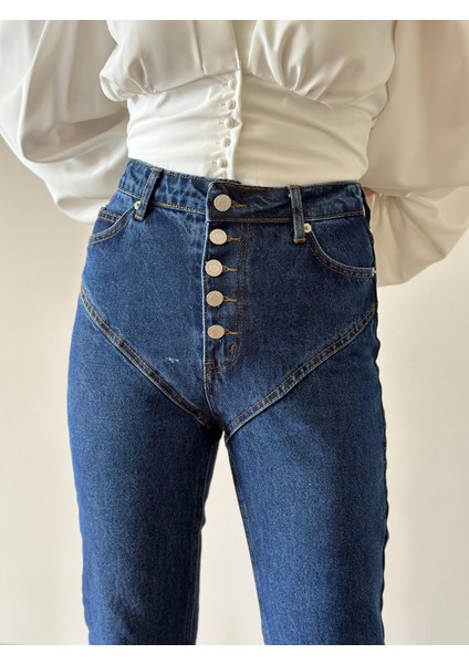 Foni Fashion Önü Düğmeli Yırtmaçlı Uzun Paça Jean