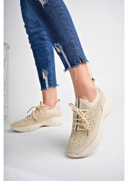 Kadın Bej Taşlı Triko Sneakers