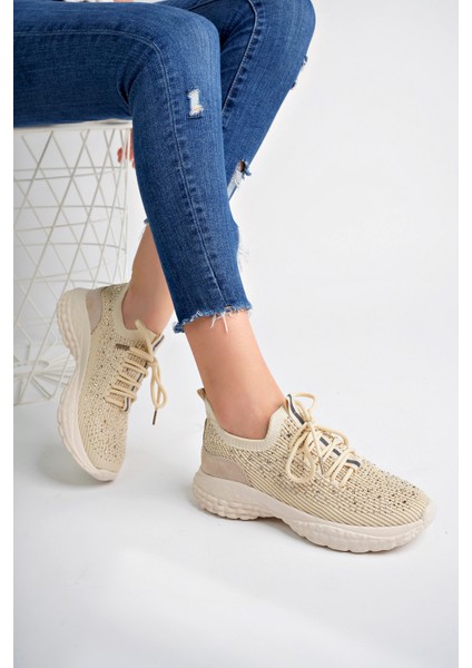 Kadın Bej Taşlı Triko Sneakers modelleri