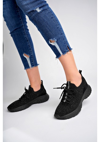 Kadın Siyah Taşlı Triko Sneakers