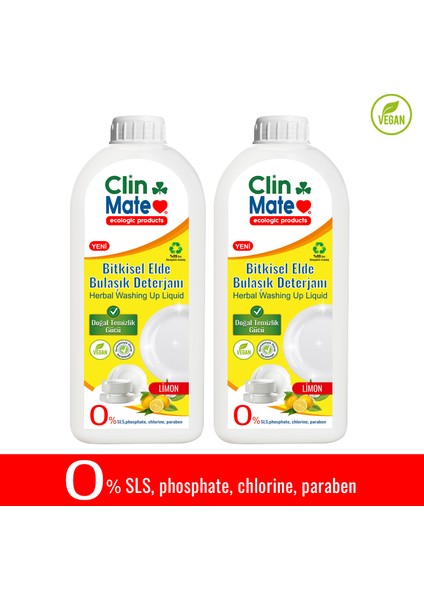 2'li Set Yeni Clinmate Ekolojik Bitkisel Elde Bulaşık Deterjanı Limon 750 ml